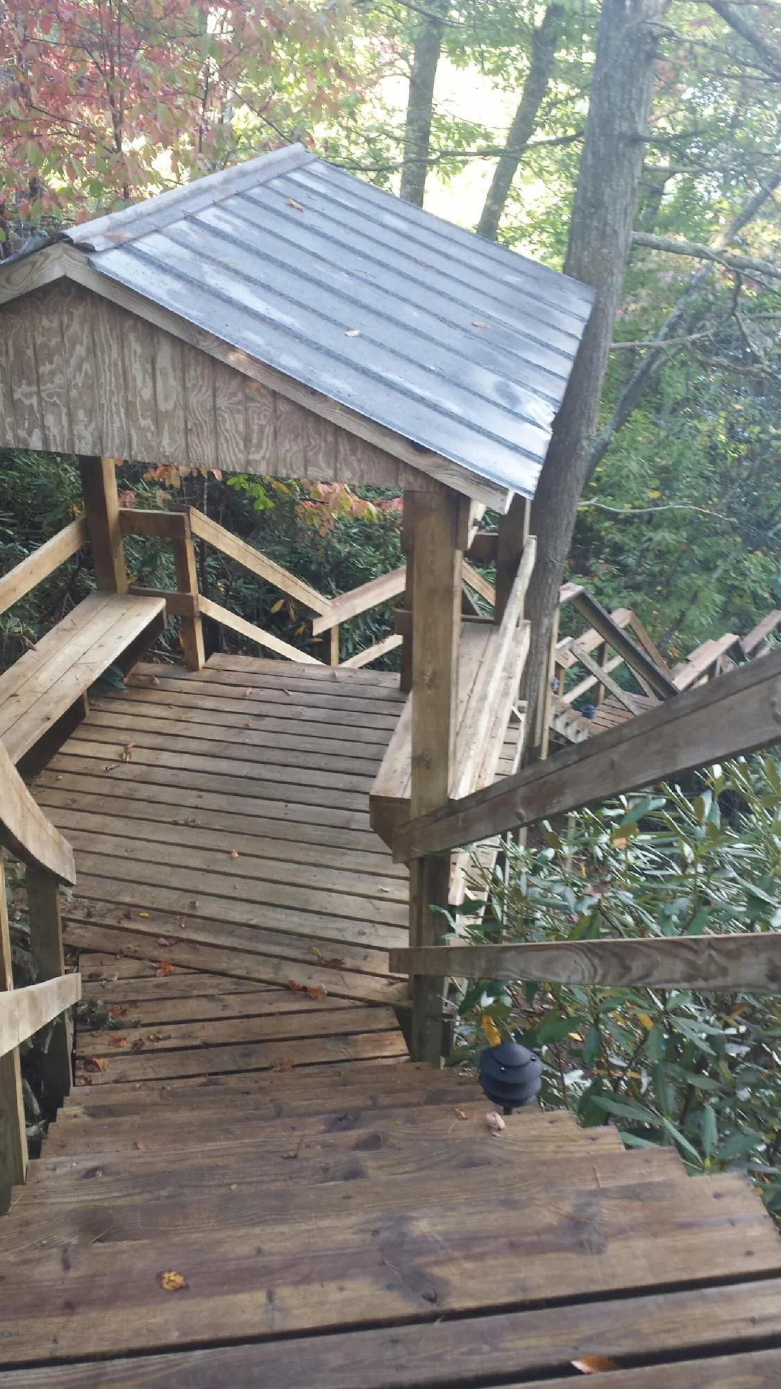 Metal roofed shelter over wooden steps on a wooded walkway — Skylight Repair & Installation work by our crew in Milton Center